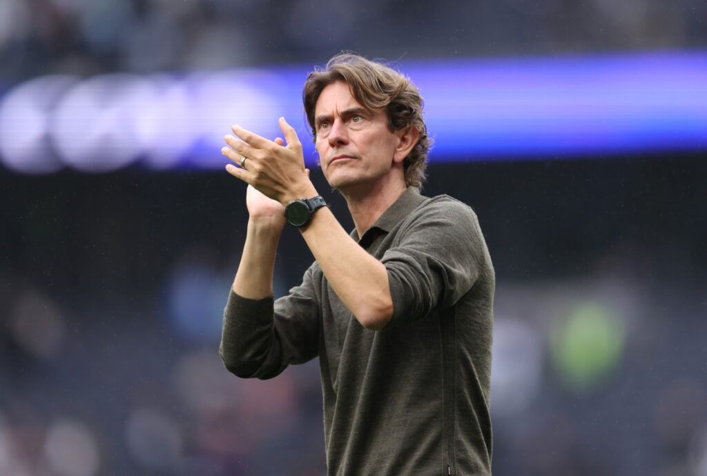 Thomas Frank applauds the Tottenham fans after the Premier League defeat against Bournemouth.