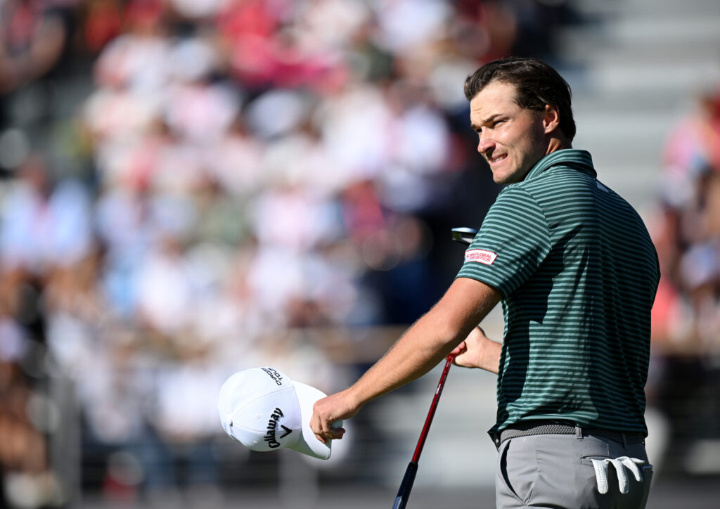 Rasmus Hojgaard of Denmark looks across the green at the 2025 European Masters.