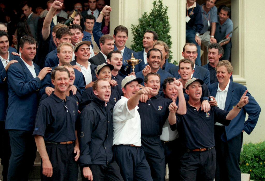 The European team celebrate after winning the Ryder Cup in 1997