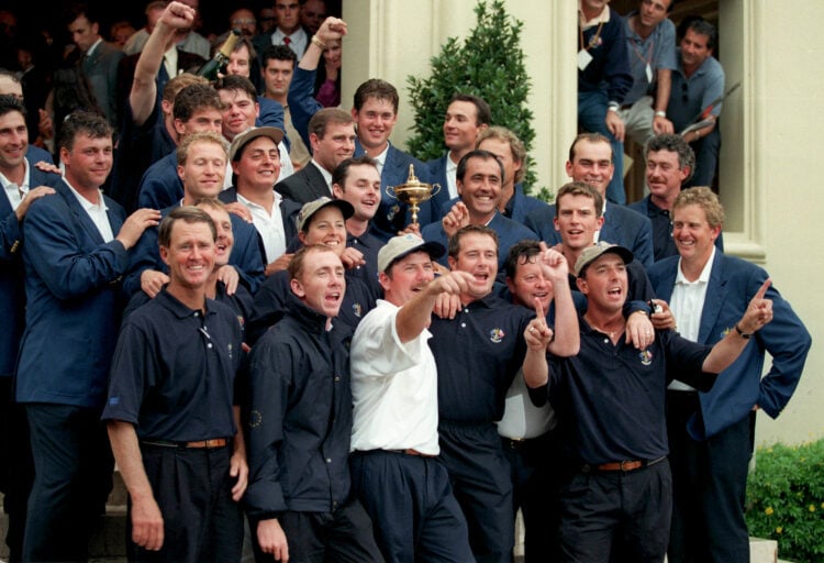 The European team celebrate after winning the Ryder Cup in 1997