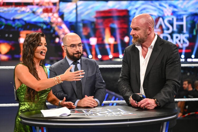Triple H, Jackie Redmond, and Pete Rosenberg on the WWE Clash In Paris post-show