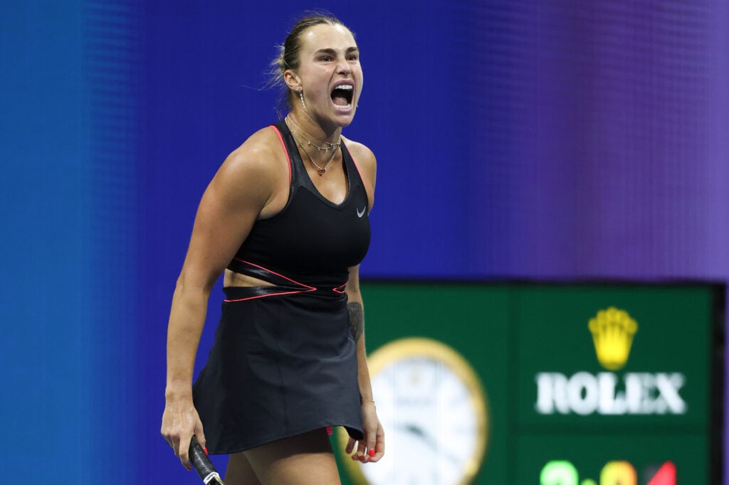 Aryna Sabalenka celebrating her win against Jessica Pegula at the 2025 US Open
