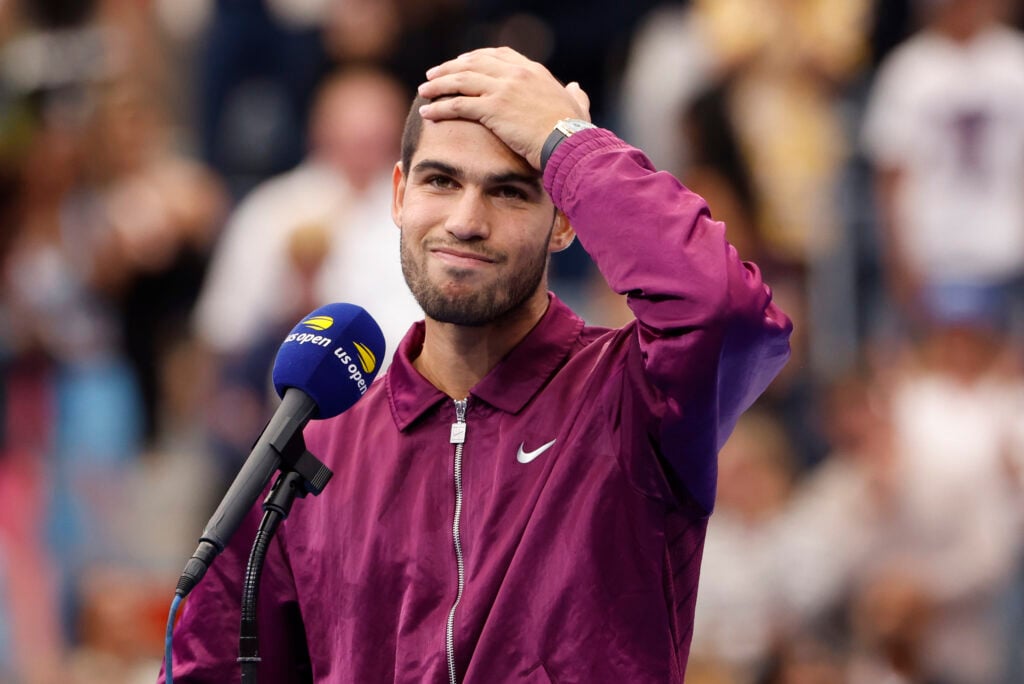 Carlos Alcaraz being interviewed after winning the 2025 US Open final against Jannik Sinner