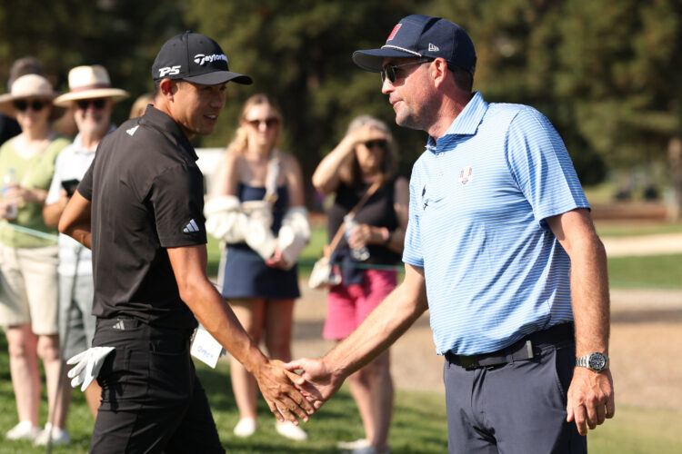 Keegan Bradley of the United States greets Collin Morikawa