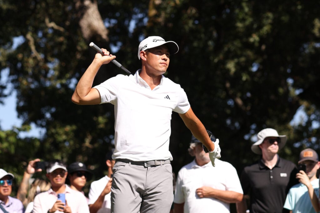 Collin Morikawa of the United States reacts to his shot from the 18th tee during the third round of the Procore Championship 2025