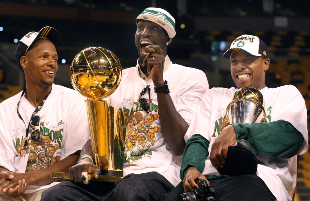 Ray Allen, Kevin Garnett, and Paul Pierce at the Boston Celtics championship parade in 2008.