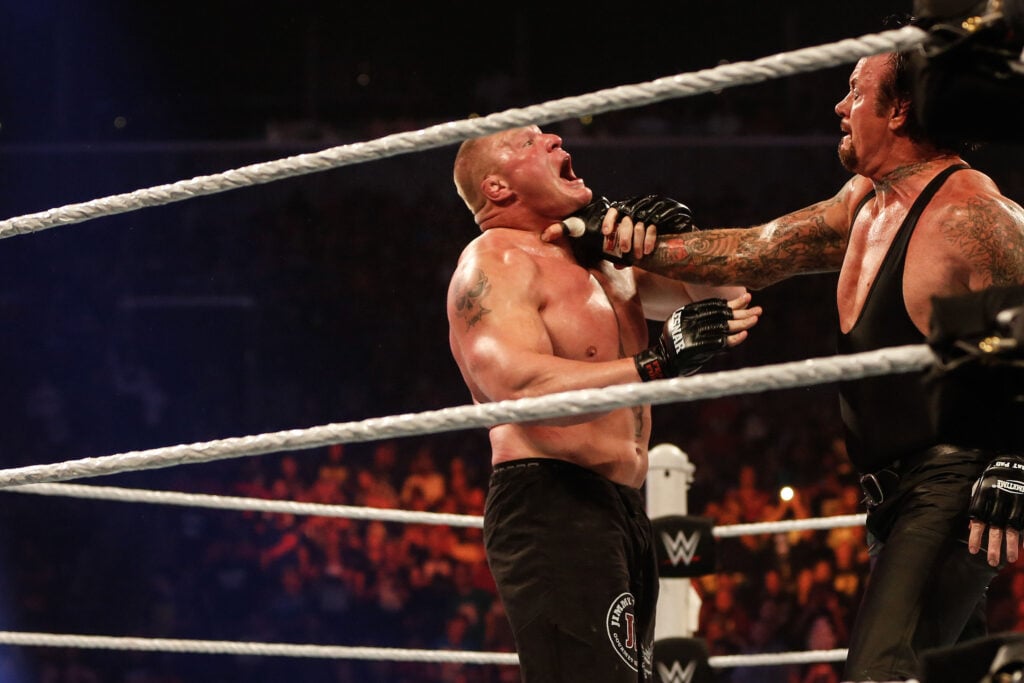 The Undertaker attempting a Chokeslam on Brock Lesnar during WWE SummerSlam 2015