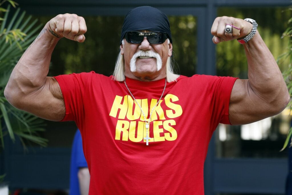 Hulk Hogan flexing his muscles in London, England back in 2014