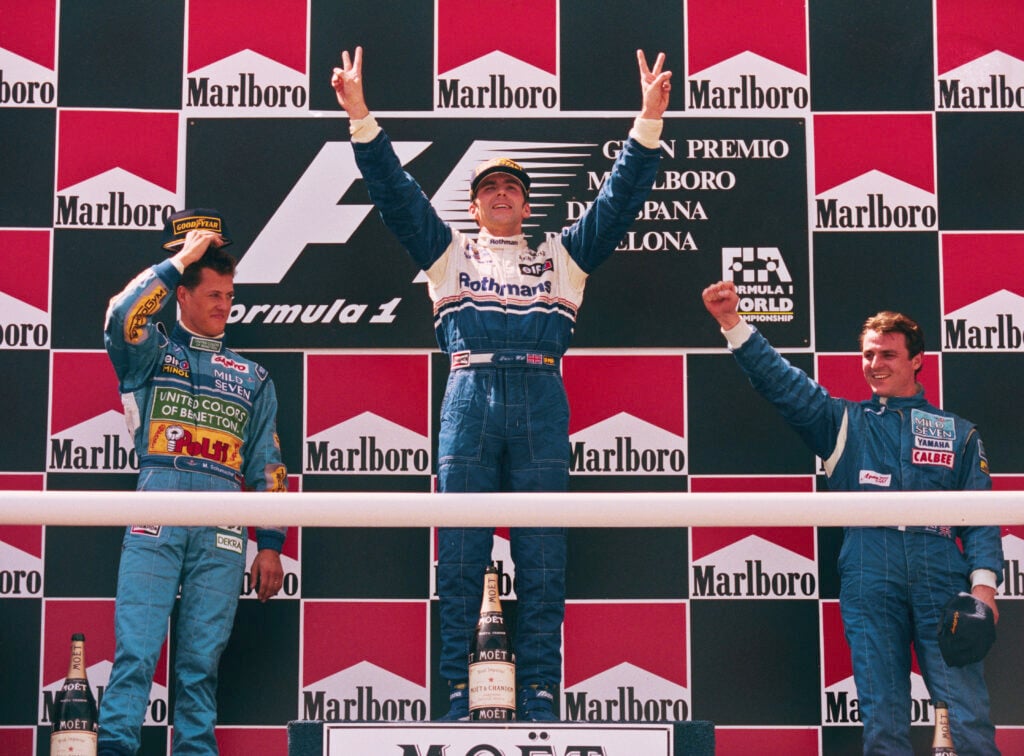 Damon Hill, Michael Schumacher and Mark Blundell on the podium after the 1994 Spanish Grand Prix.