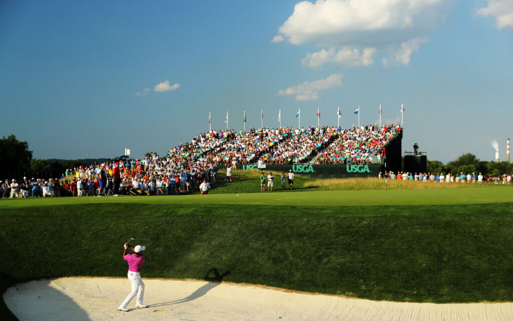 Jason Day hitting a shot at Oakmont Country Club at the U.S. Open in 2016