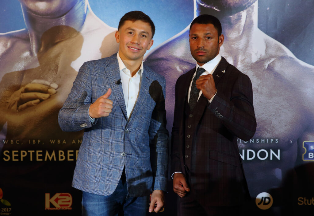 Gennady 'GGG' Golovkin and Kell Brook pose during their press conference.