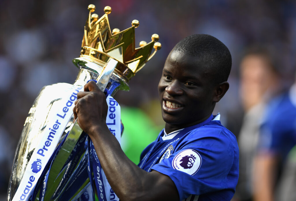 N'Golo Kante with the 2016-17 Premier League trophy for Chelsea.