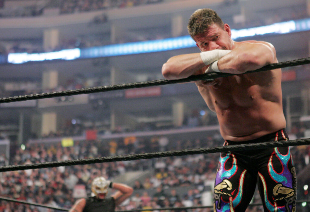 Eddie Guerrero at WrestleMania 21 during his WWE matc with Rey Mysterio