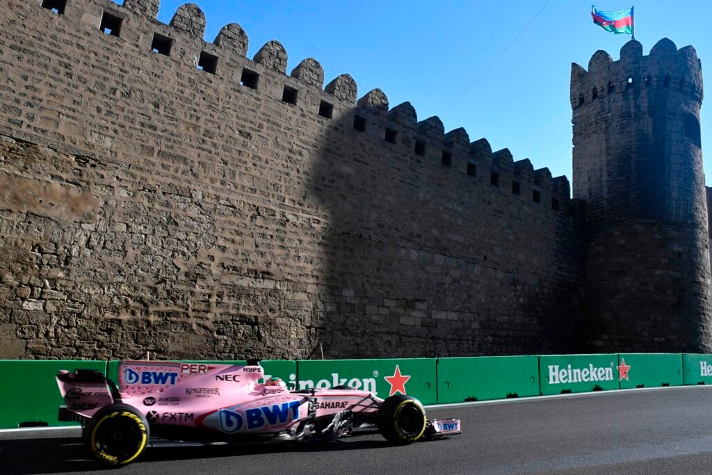 Force India driver Sergio Perez on track during the 2017 F1 Azerbaijan Grand Prix in Baku