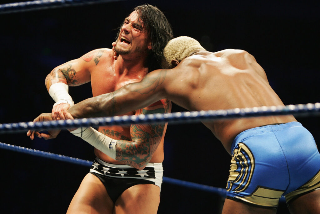 CM Punk wrestling Shelton Benjamin on WWE Smackdown in Sydney, Australia
