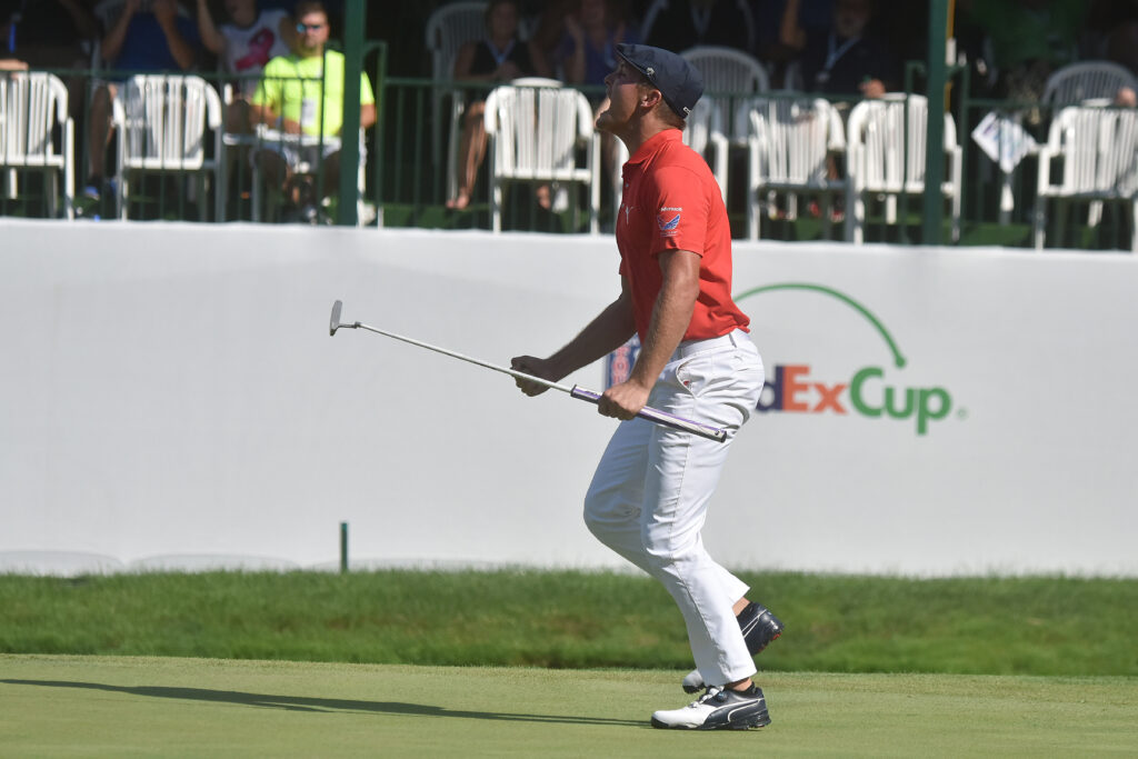 Bryson DeChambeau reacts after sinking a birdie putt to win the John Deere Classic on the 18th hole