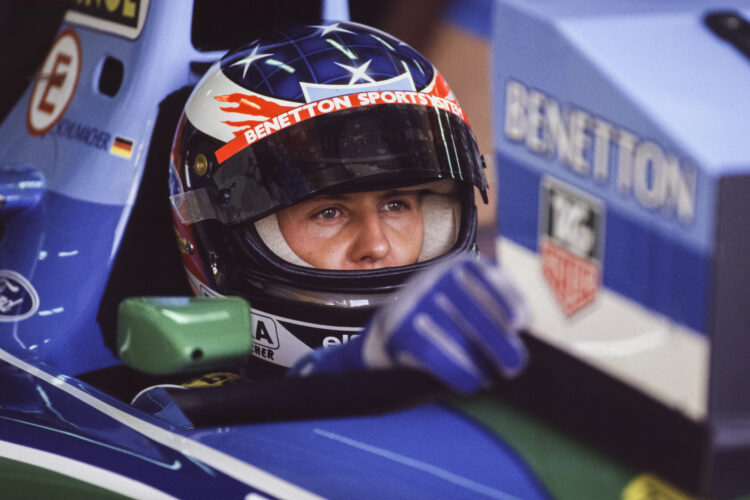 Michael Schumacher sat in his Benetton before the 1994 French Grand Prix.