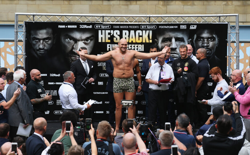 Tyson Fury weighs in for his heavyweight fight against Sefer Seferi in Manchester