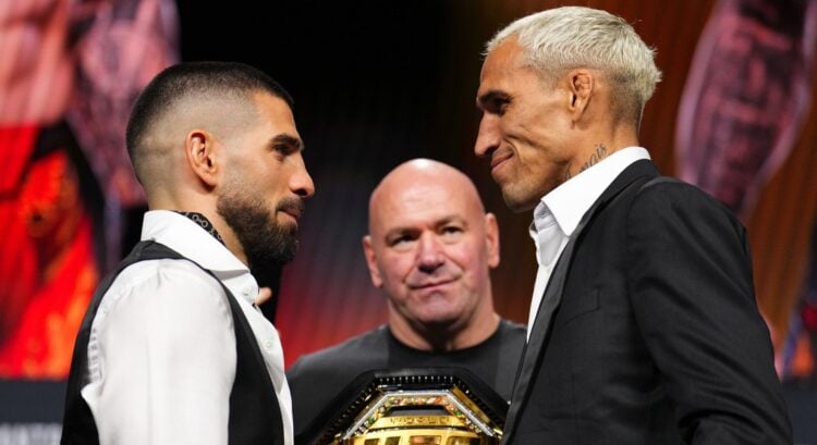 Ilia Topuria and Charles Oliveira face off at the UFC 317 press conference