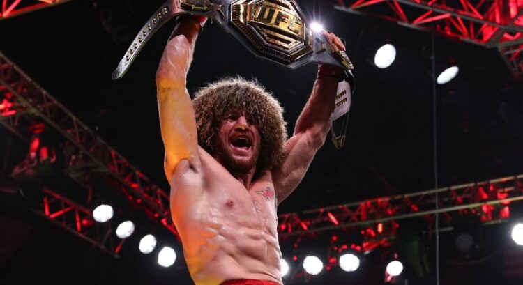 Merab Dvalishvili celebrates after submitting Sean O'Malley at UFC 316