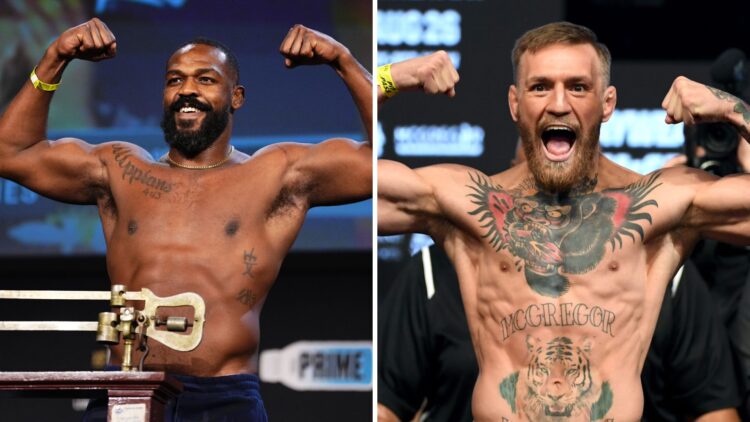 Split image of Jon Jones and Conor McGregor weighing-in for UFC fights
