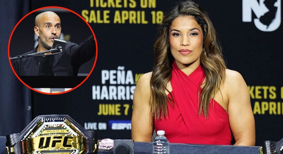 Julianna Pena on stage at the UFC 316 press conference, inset Jon Anik on stage at the UFC 313 press conference.