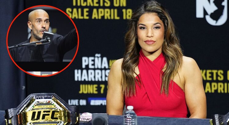 Julianna Pena on stage at the UFC 316 press conference, inset Jon Anik on stage at the UFC 313 press conference.