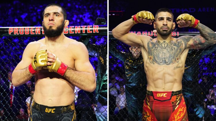 Split image of Islam Makhachev and Ilia Topuria about to participate in UFC fights