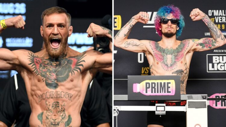 Split image of Conor McGregor and Sean O'Malley weighing-in for fights