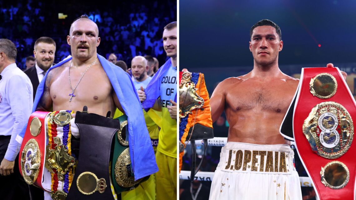 Split image of Oleksandr Usyk and Jai Opetaia celebrating wins