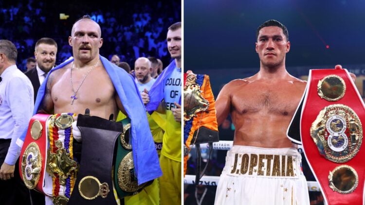 Split image of Oleksandr Usyk and Jai Opetaia celebrating wins