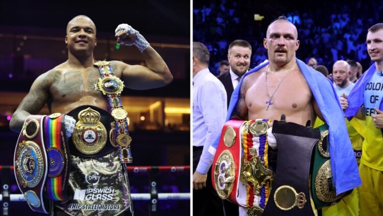 Split image of Fabio Wardley and Oleksandr Usyk celebrating wins