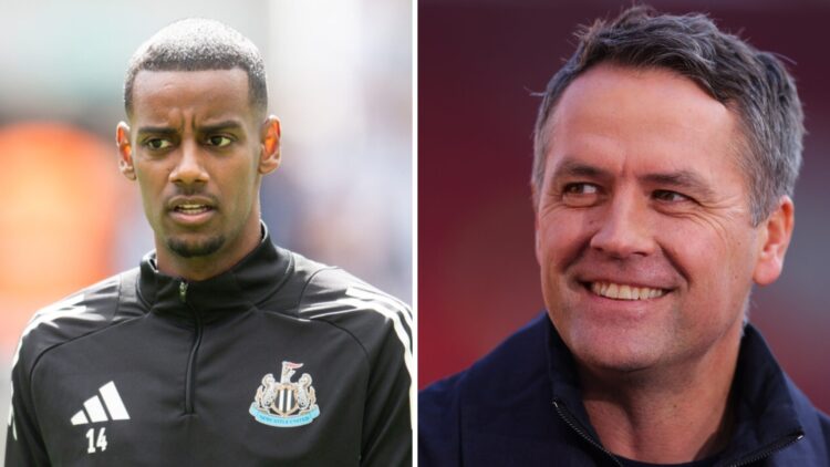 A split image featuring Alexander Isak looking on before a Newcastle game alongside Michael Owen