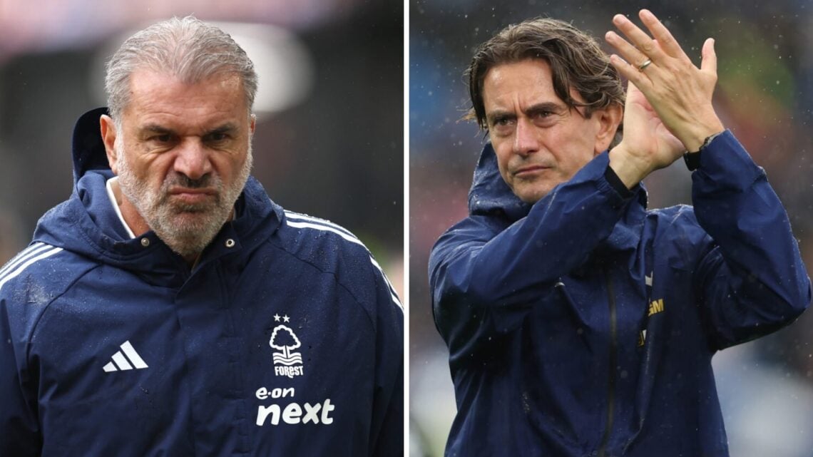 A split image featuring Ange Postecoglou next to Tottenham manager Thomas Frank