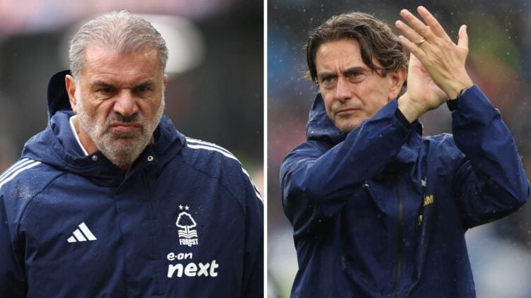 A split image featuring Ange Postecoglou next to Tottenham manager Thomas Frank