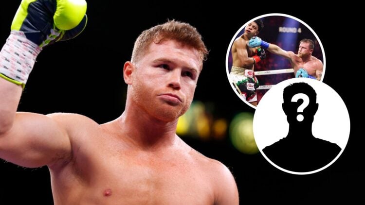 Canelo Alvarez (left) raises hand during Sergey Kovalev fight, Canelo Alvarez (right) connects on Jaime Munguia