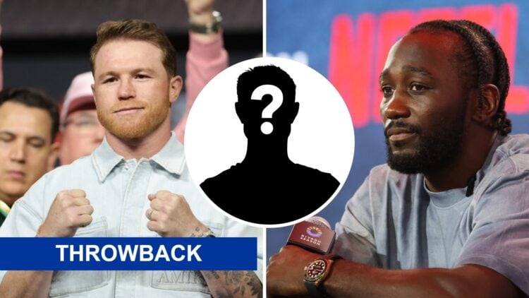 Canelo Alvarez (left) poses at news conference, Terence Crawford (right) looks on at news conference