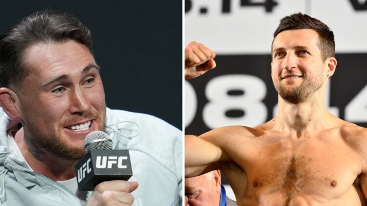 Darren Till (left) speaks at UFC 282 press conference, Carl Froch (right) weighs in for George Groves fight