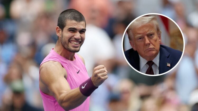 Carlos Alcaraz at the 2025 US Open with an inset of Donald Trump