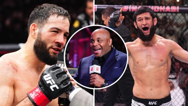 Nassourdine Imavov (left) speaks after Caio Borralho win, Daniel Cormier (middle) speaks during UFC broadcast, Khamzat Chimaev (right) celebrates a...