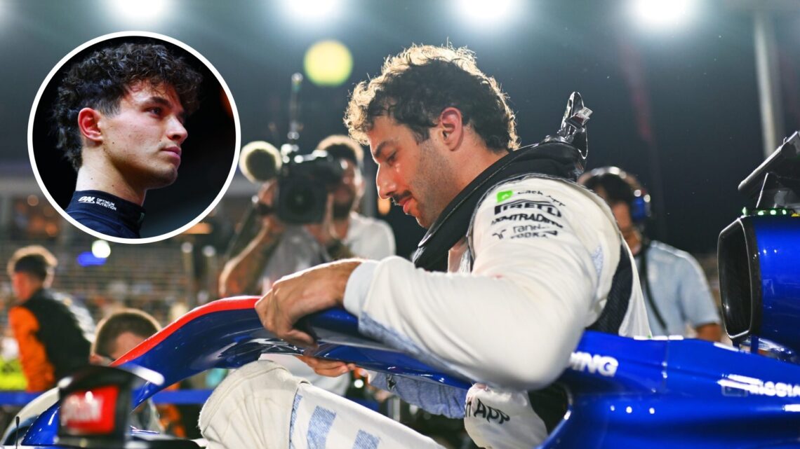 Daniel Ricciardo climbs out of his RB car for the final time at the 2024 Singapore Grand Prix with overlay of Lando Norris facing right on the grid