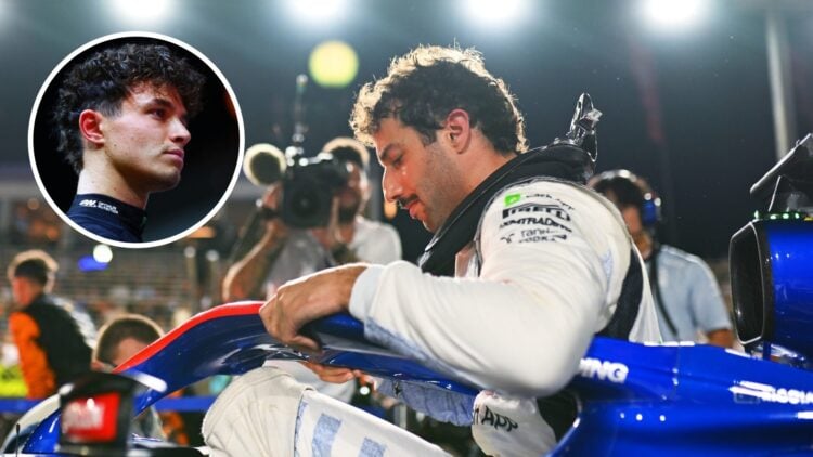 Daniel Ricciardo climbs out of his RB car for the final time at the 2024 Singapore Grand Prix with overlay of Lando Norris facing right on the grid