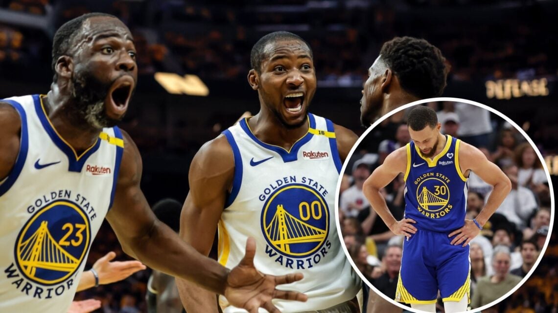 Draymond Green and Jonathan Kuminga of the Golden State Warriors react to a call (left), and Stephen Curry of the Golden State Warriors with hands ...