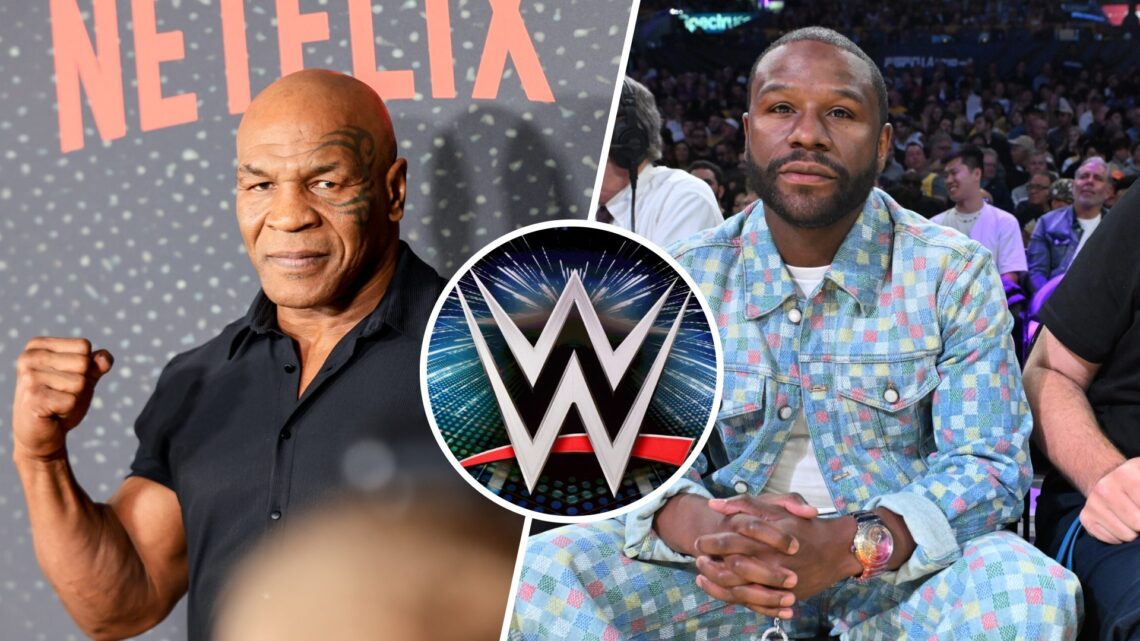 A side-by-side of boxing icons Floyd Mayweather and Mike Tyson with an inset of the WWE logo