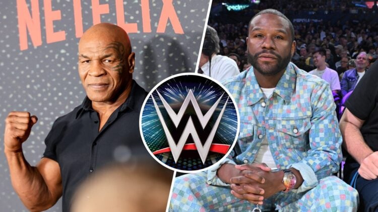 A side-by-side of boxing icons Floyd Mayweather and Mike Tyson with an inset of the WWE logo