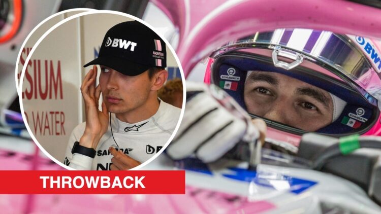Force India driver Sergio Perez gets ready before practice for the 2017 F1 Azerbaijan Grand Prix in Baku with an inset of Esteban Ocon in the garage