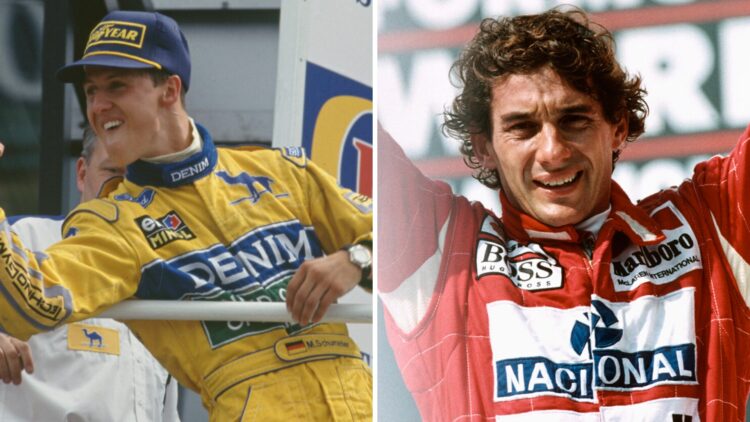 Left: Michael Schumahcer celebrates being on the podium after the 1993 British Grand Prix. Right: Ayrton Senna celebrates winning the 1993 Brazilia...