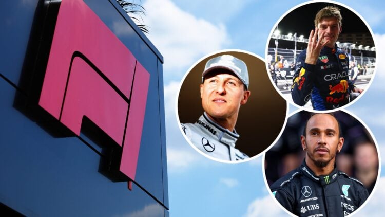 F1 sign (left) with three overlays of Lewis Hamilton, Max Verstappen and Michael Schumacher