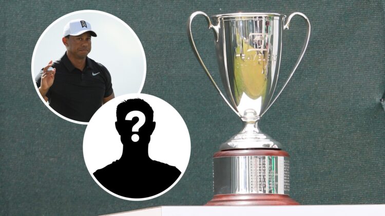 A close up photo of the Travelers Championship trophy (right), Tiger Woods competes at 2017 Hero Challenge (left)
