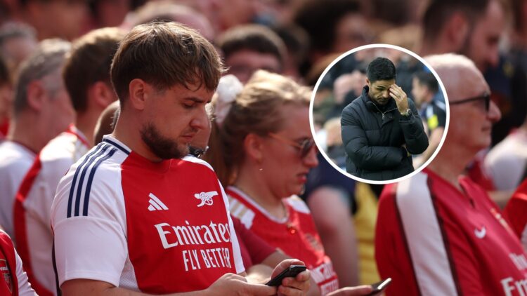 Arsenal fans check their phone during Premier League fixture against Everton (L), Mikel Arteta reacts during fixture against Newcastle United (R)